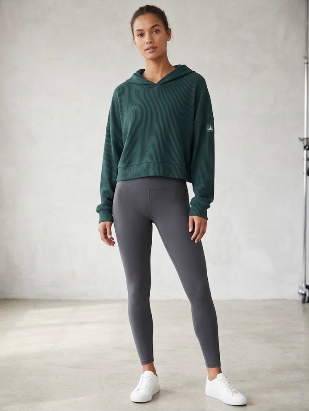 Alo Yoga Muse Ribbed Hoodie Midnight Green Soft Boxy Oversized XS